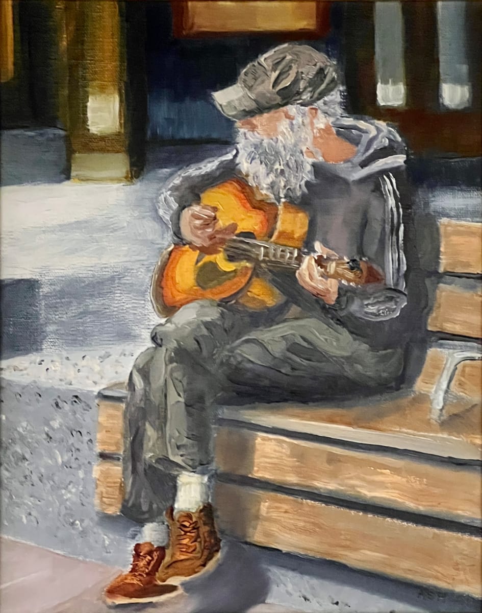 Hear Here by Anna Hingle  Image: 3rd Place Overall
This piece captures a street musician in Ithaca, whose guitar playing urged people passing by to stop and listen awhile.