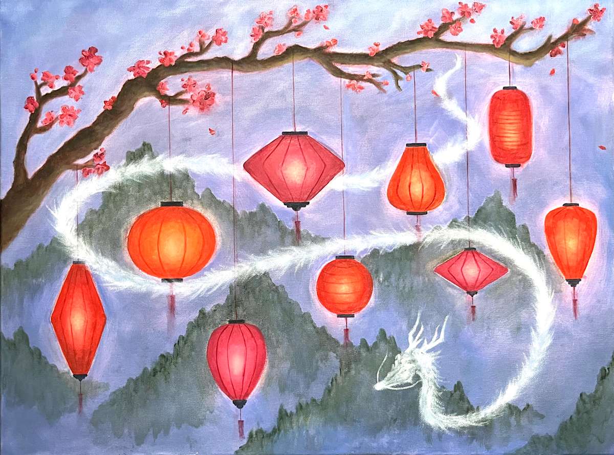 Lambent Souls by Sabrina Zhou  Image: Chinese lanterns hanging from tree branch and white dragon flying through
