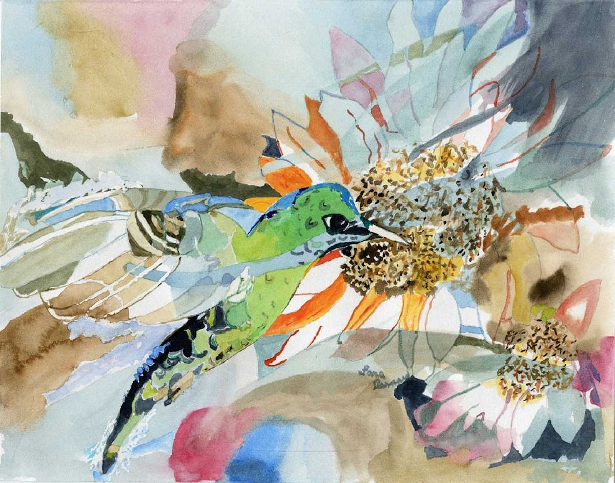 Viva Loveda by Lana Bernard Toniolo  Image: Viva Loveda, a tribute to my mom. Small but tough, like the beautiful hummingbird, Loveda was a two-time cancer survivor.  This piece depicts the hummingbird freely enjoying the flowers in her world, as I know my mom is.