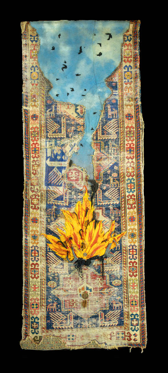 The Murmuring by Deborah Mitchell  Image: This antique tribal rug had been in my family for many years before it was partially destroyed in the fire. 