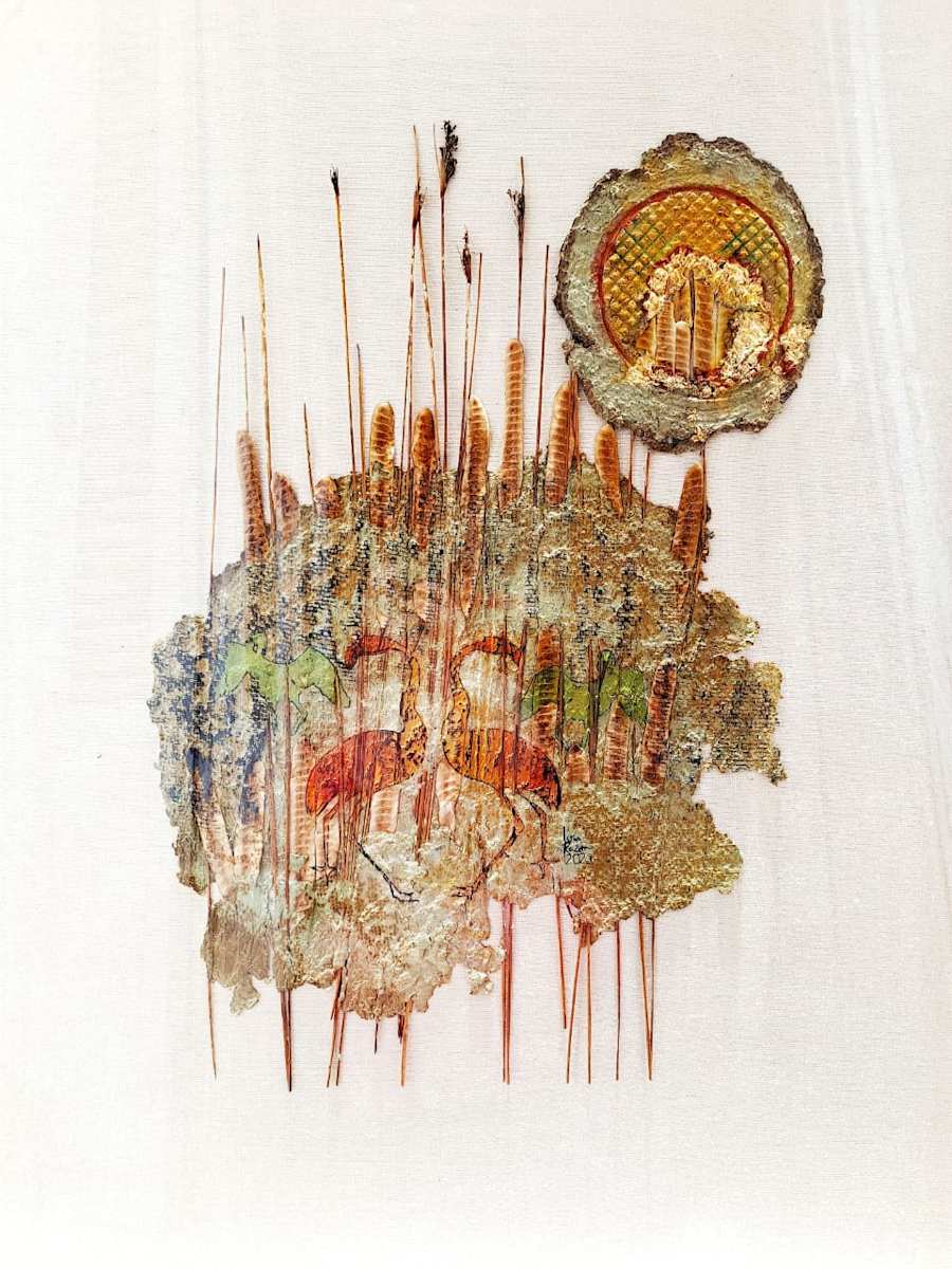 Flamingo reflection and the disk of sun by Israa Kazem 