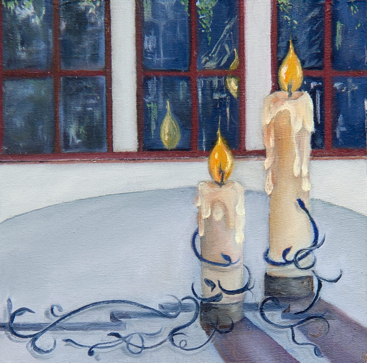 I Do Not Know the Meaning of All Things by Nila Jane Autry  Image: Double candles serve a double need. My violinist friend wanted something that looks like wedding decor for her website where she encourages people to hire her Chamber Orchestra to play at weddings and receptions...and Visions of the Arts provided me a small canvas to create a painting following the scripture verse, 1 Nephi 11:17 which reads, 'And I said unto him: I know that he loveth his children; nevertheless, I do not know the meaning of all things.' So after providing a high-res copy for my friends website, I donated this paintings to Vision of the Arts Fund. The original will be auctioned on Ebay April 19th - April 29th, 2023