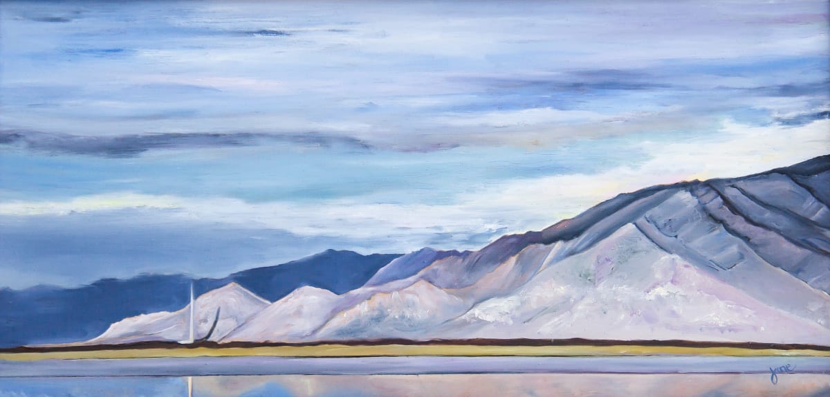 Across the Way by Nila Jane Autry  Image: Looking opposite the Sunset this is what I found. The Kennecott Smokestack casting a shadow and reflecting in the water at sunset.