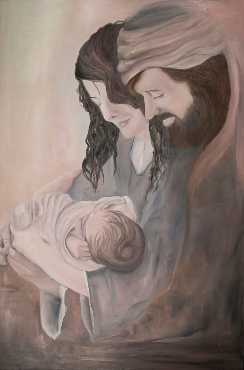 Gentle Savior by Nila Jane Autry  Image: My models are my beautiful niece Vanessa, he husband Kalob and their first born child Malachi. I've wanted to do this type of image for a long time.  I love my Savior. Painting him as an infant is less intimidating than I thought it would be, it helps it's just his little head!  