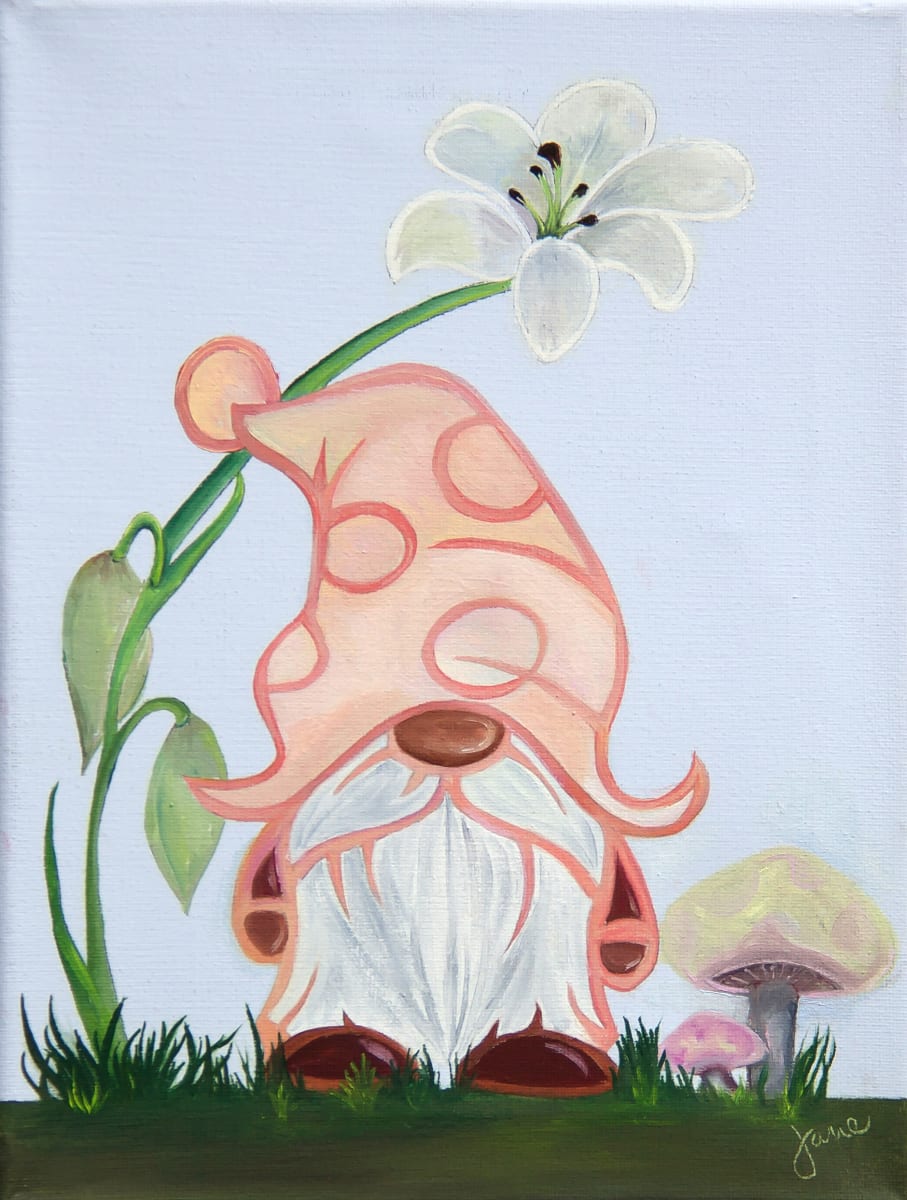 Gnome with Lily by Nila Jane Autry  Image: You want a Gnome, with a lily and a Mushroom for your paint party? Ok...I can do that!