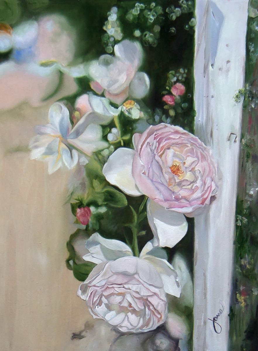 Harmony by Nila Jane Autry  Image: Ok, most people paint landscapes when they enter a Plein Air contest...but I just couldn't resist. I call it Harmony, because I felt Classical Beauty wasn't quite right, and if you look close you'll see that the aging on the trellis has music notes...