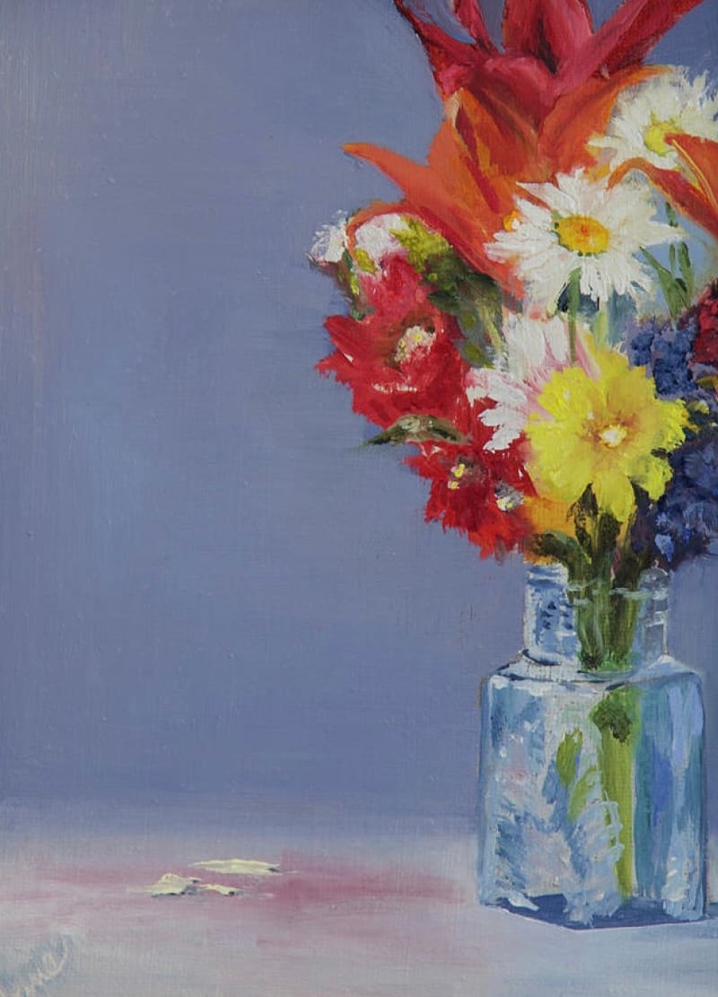 Summer Bouquet by Nila Jane Autry  Image: Plein Air adventure with my Vernal friends, it was too windy to sit outside and paint so we went into his studio and set up our own still life using flowers from his wifes garden.  