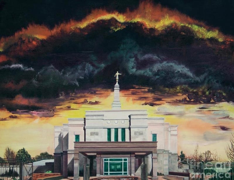 Stand in Holy Places - Snowflake Arizona Temple by Nila Jane Autry  Image: It started with the title, and then the concept took hold. My idea is to illustrate the light and strength of the temple, contrasted with the strength and power of the darkness receding in the background.
