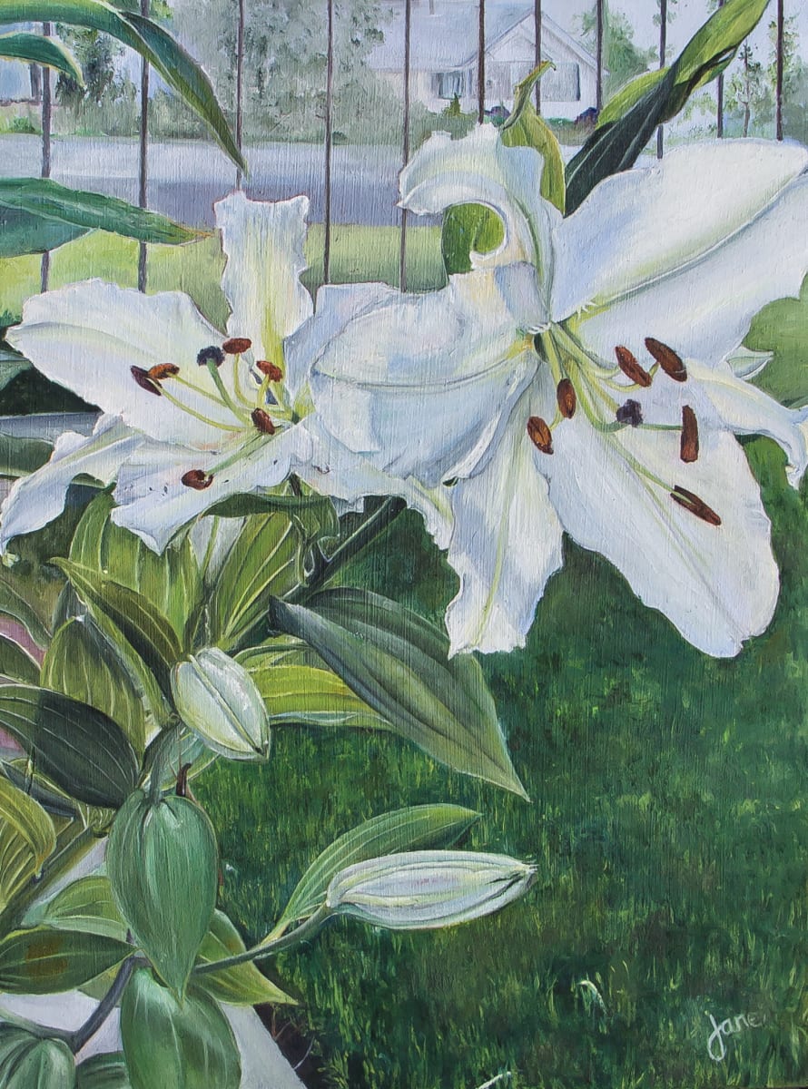 Luscious  Lilies by Nila Jane Autry  Image: This started en Plein Aire, but was mostly done in my studio. These lilies were so incredible big and healthy! I was overcome...and had to paint them. My Grandma Lillywhite would love them?