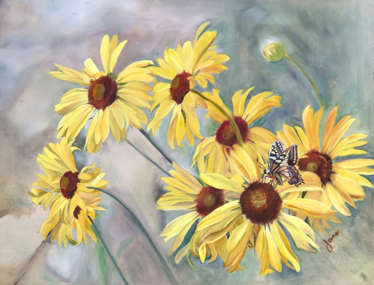 Not sunflowers - Mountain Yellow Wildflowers by Nila Jane Autry  Image: Up Sheep Creek, in the Vernal Utah area, we stopped and took a bunch of photos. This one won! I painted it in oil for the Vernal Plein Aire Competition, and received an honorable mention.