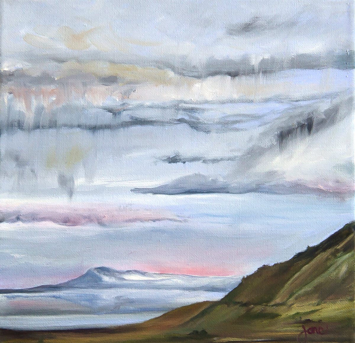 Pink by Nila Jane Autry  Image: Plein air...everytime I looked up the sky had changed, so I just kept painting what I saw, and this is really a montage of clouds and light patterns.