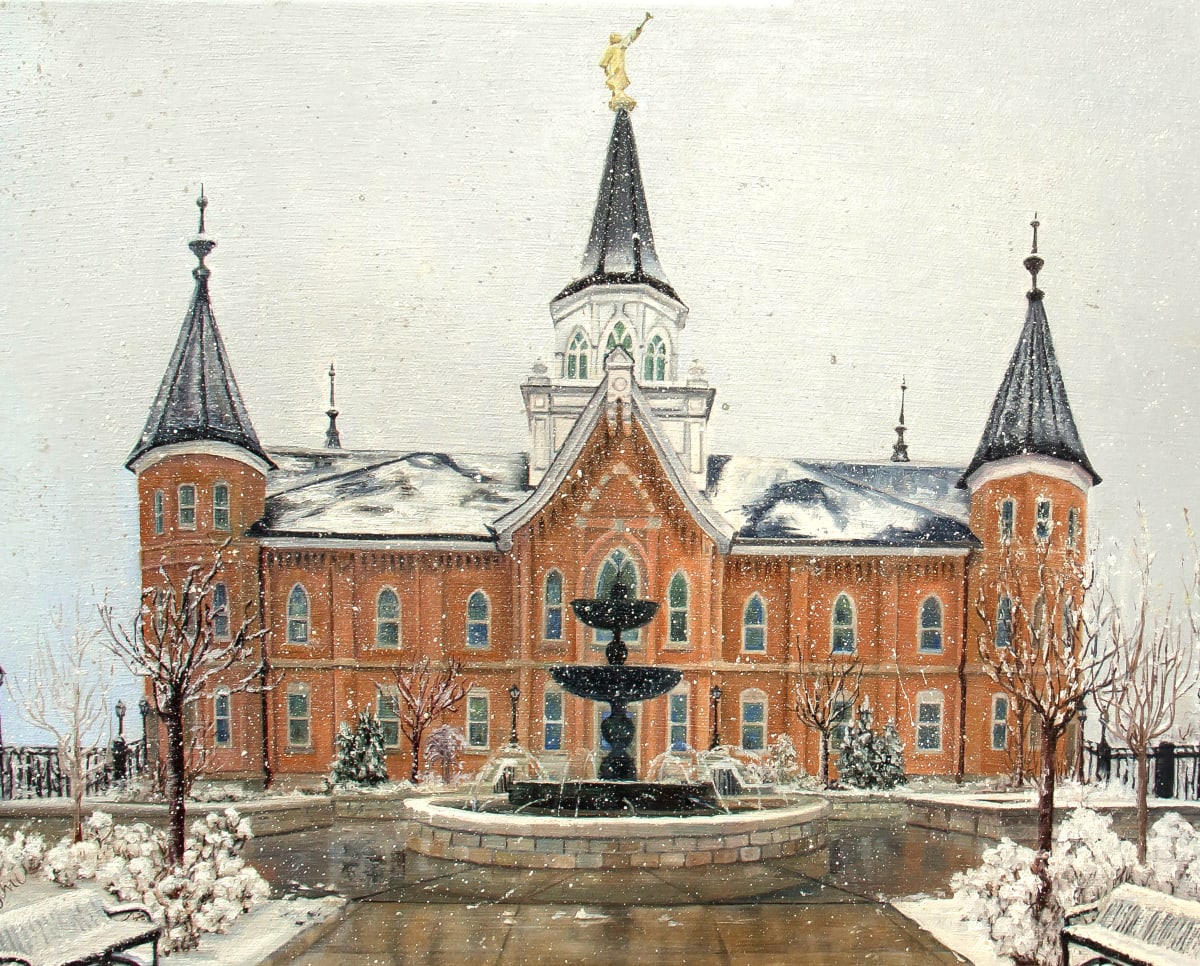 Snowing Lightly - Provo City Center Temple by Nila Jane Autry  Image: Finished over a printed on canvas drawing + clear gesso