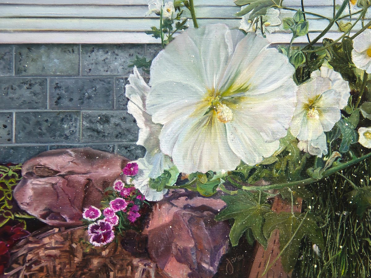 Ruby's Arrangement by Nila Jane Autry  Image: Rocks that rock, flowers that flourish, home landscaping, all at Ruby's home where we stayed when I entered that plein air competition. It got so hot in the front yard that I gave up in tears, and headed to the backyard, some shade and my iPad to finish this one.