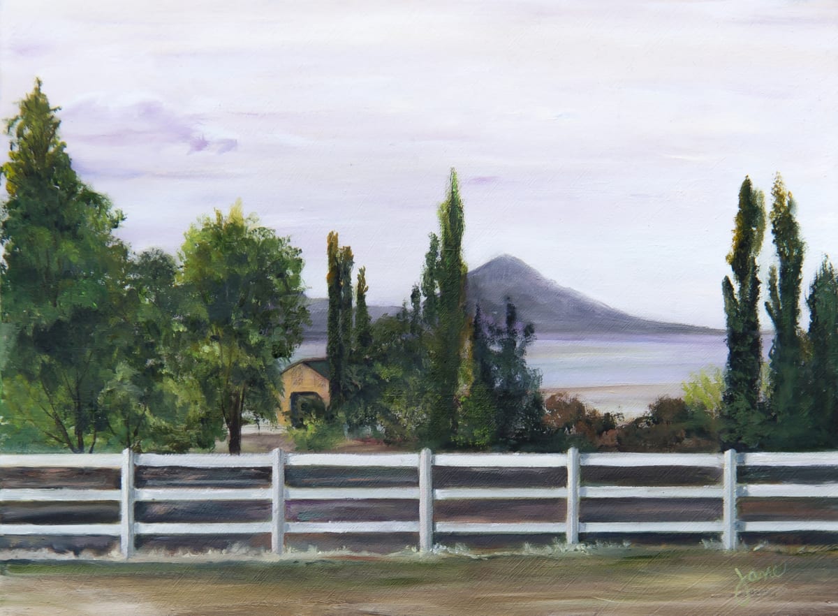 View from Aleta's Deck - Stansbury Island by Nila Jane Autry  Image: Painting on Aleta's back deck we see the Stansbury Island view from yet another place.  It sits out there in the Great Salt Lake, and is visible all around our Tooele Valley.  I've painted it from several locations, but this is my favorite!