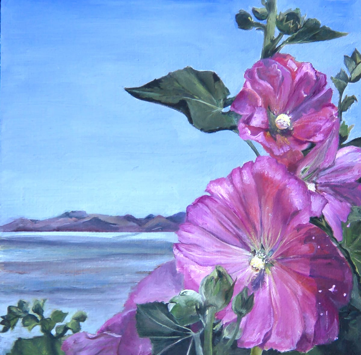 View of the Great Salt Lake by Nila Jane Autry  Image: I grow Hollyhocks. Lots of them. And I live by the Great Salt Lake on the south edge. So I combined the two iconic images into this little piece. Flowers in a Landscape.