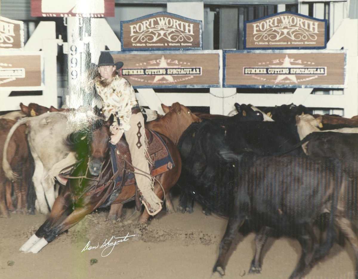 Betsy Mecom  Image: Betsy Mecom at the 1999 Summer Spectacular, riding Little Short Stuff.