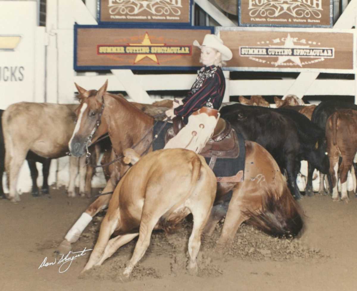 Cindy Pimental  Image: Cindy Pimental showing at the 1999 NCHA Derby, Sponsor Cutting – Texas Bank