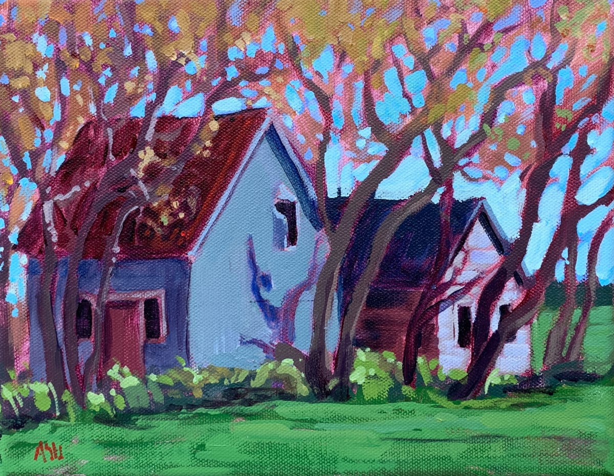 Spring Barns by Angela St Jean  Image: Painted on location in White Water township Ontario, early May.