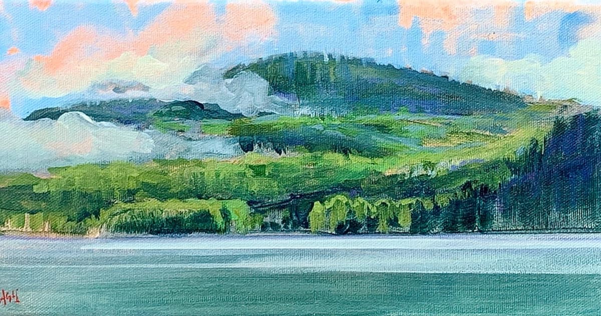 Mist Over Laurentian Hills, Ottawa River by Angela St Jean  Image: Plein air piece painted on location in Balmer’s Bay, Deep River ON