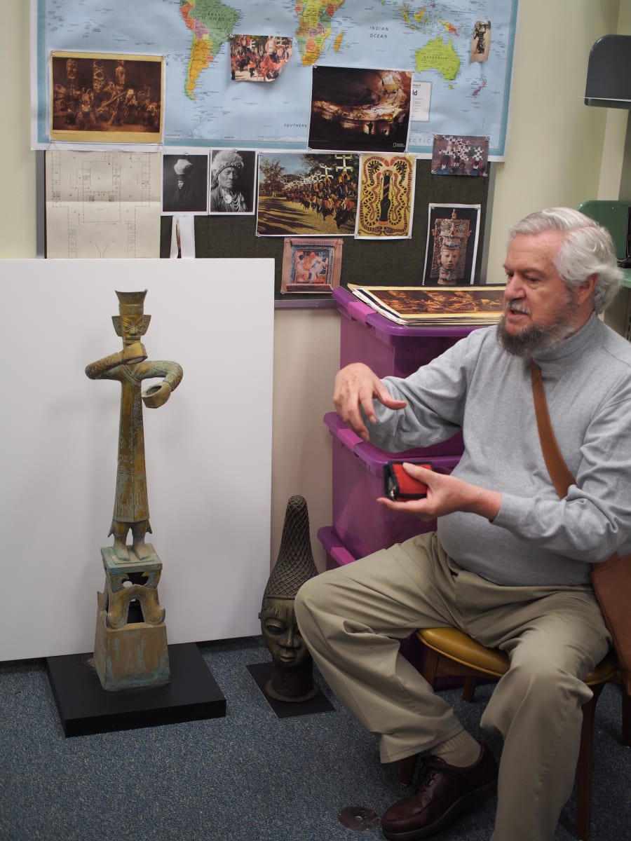 F. Lanier Graham during a walk through in 2014 of what became the GTU Sacred World Art Collection. Previously, the collection was mostly housed and on display at California State University, East Bay.