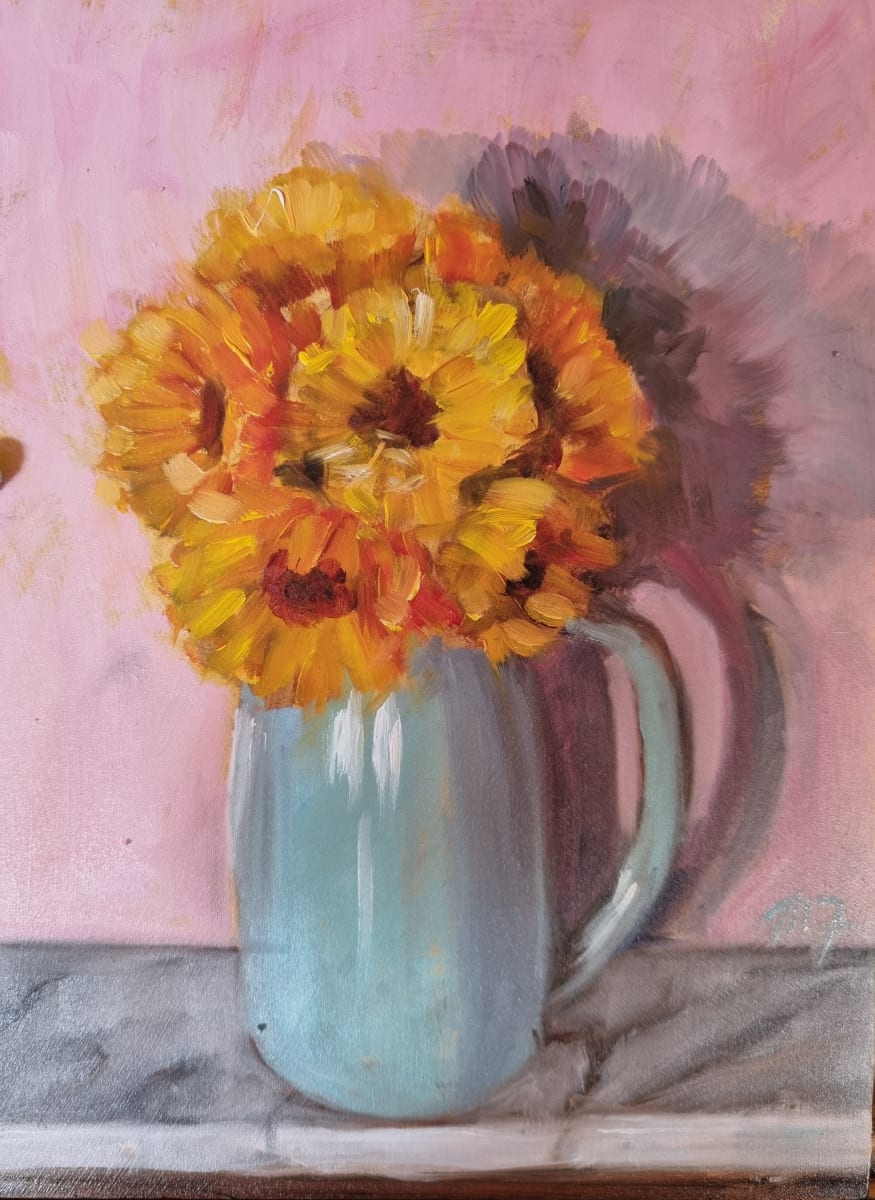 Calendula in Blue Jug by Miranda Free 