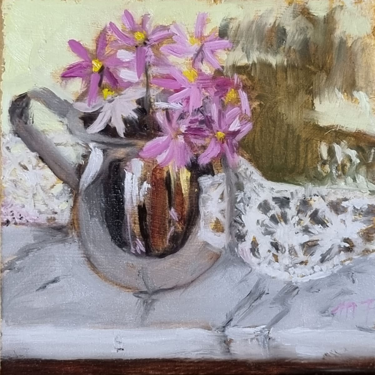 Everlastings, Silver Jug and Belgium Lace by Miranda Free 