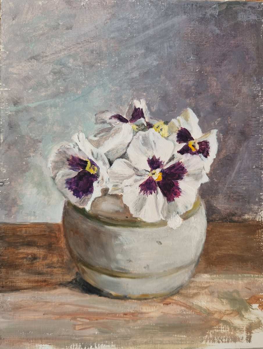 Pansies in Ceramic Bowl by Miranda Free 