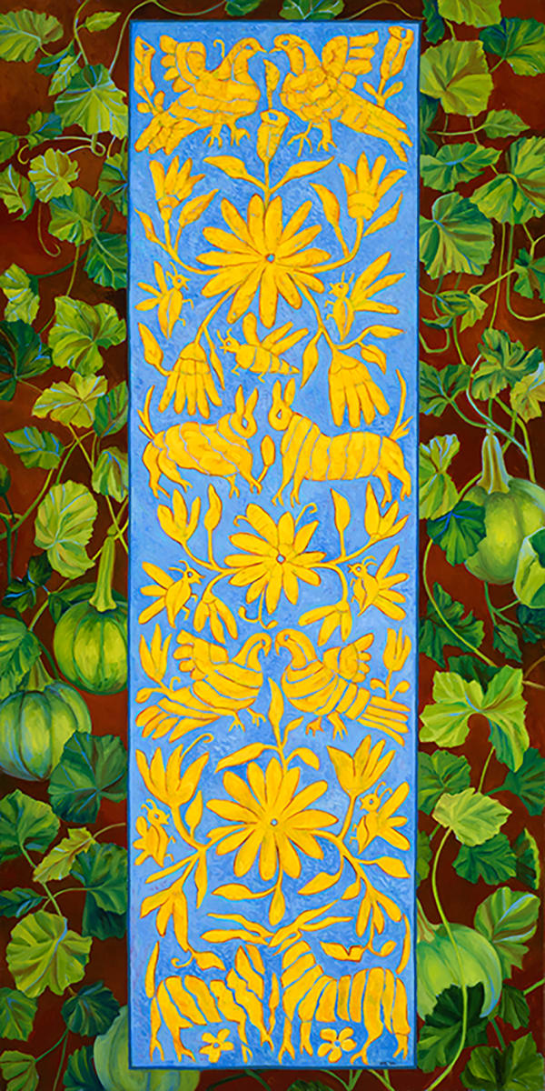 Otomi Embroidered Table Runner and Squash Plants by Kathy Roseth 