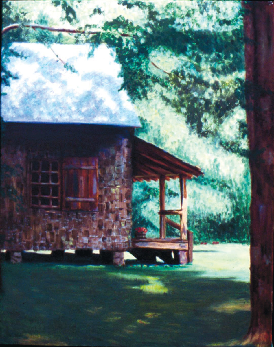 Pisgah Cabin - (Pot with Red Flowers) by Cindy Berceli 