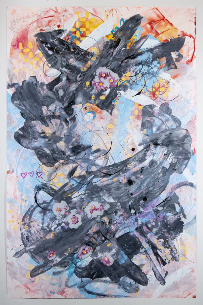 A Lot of Good Reasons Not to be a Drone by Blake Brasher  Image: Title: "A Lot of Good Reasons Not to be a Drone"
40 x 26 wateroclor, pencil, acrylic, and acrylic on textred polypropyene 2021