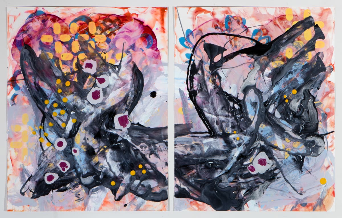 The First Time I Heard About the Investigation of What Distinguishes Justified Belief from Opinion  Image: Title: "The First Time I Heard About the Investigation of What Distinguishes Justified Belief from Opinion"
diptych, two 14 x 11 inche panels
watercolor, pencil, and acrylic on textured polypropylene 
2021