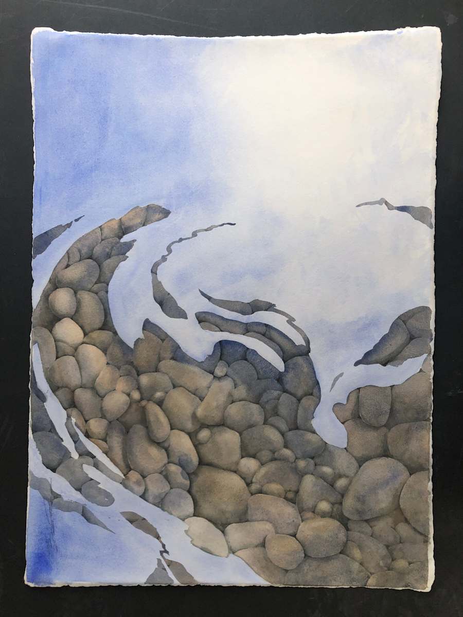 Barely a Ripple by Karen Phillips~Curran  Image: Barely A Ripple is a watercolour investigation of the sun on a barely moving body of water. Ther refections the shade from overhanging branches provided the perfect setting for contemplation