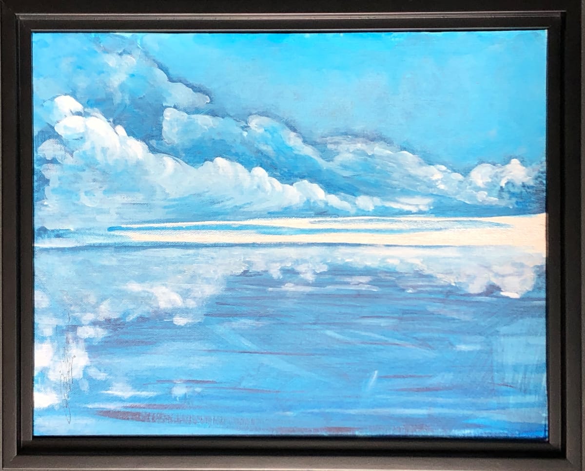 Bay Day by Karen Phillips~Curran  Image: "Bay Day" is an acrylic on canvas with metallic paint at the shoreline. I watched this bay for a month. Its many moods were a fascinating study that is reflected here. 