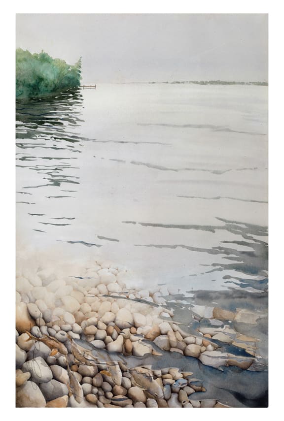 The Point  Image: The Point is a print of a watercolour from my series of watersides. I have one last print, framed and ready to hang on your wall. The serenity of a foggy morning is represented. Each day at the lake I would swim to the point, it was a destination!