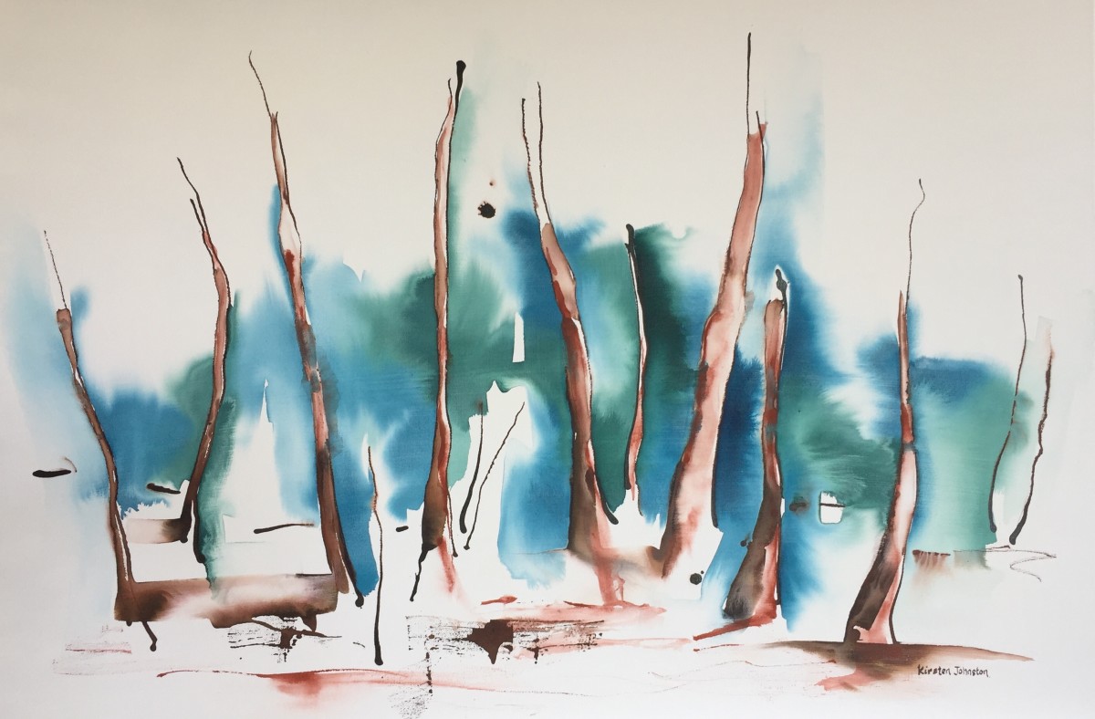 Burnt sienna trees with blue and green by Kirsten Johnston 
