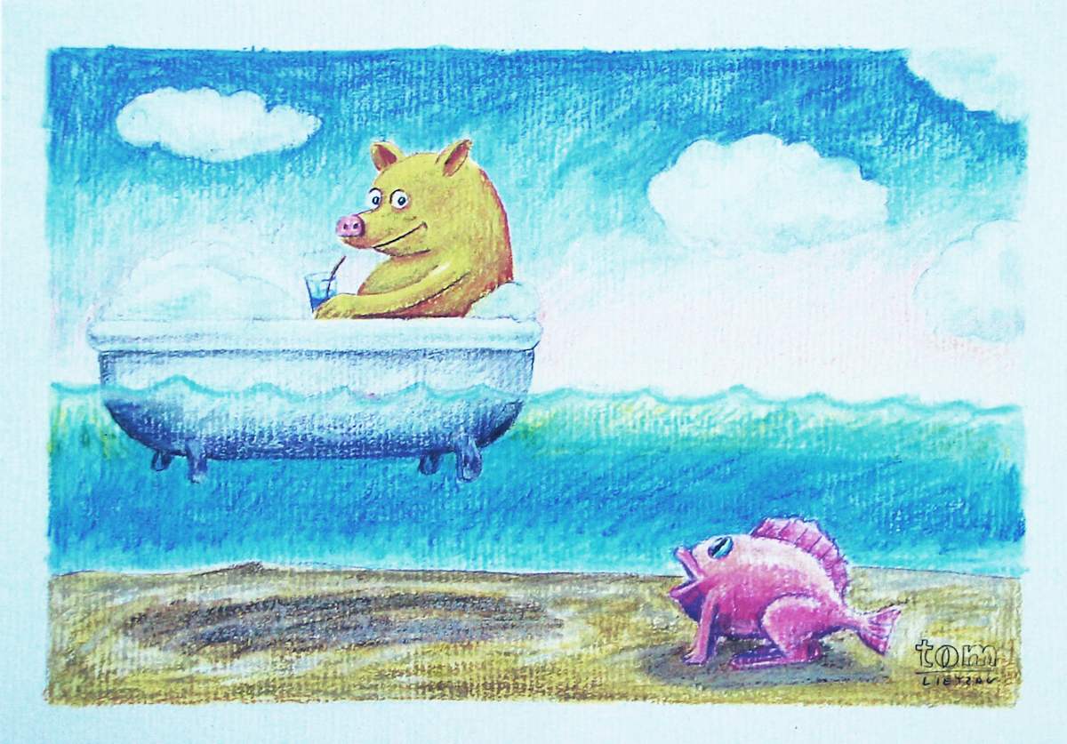 Title Unknown (Pig in Bathtub Floats Above Legged Fish) by Tom Lietzau 