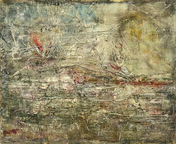 Stratum #2 by John Worth  Image: Large abstract landscape painting with mixed media, acrylics and oils on wood panel.