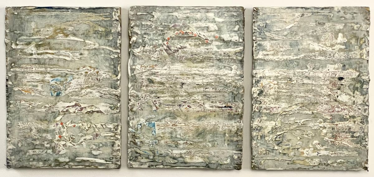 Untitled Triptych #0287 by John Worth  Image: Mixed media triptych of cave-like textured paintings on wood panels.