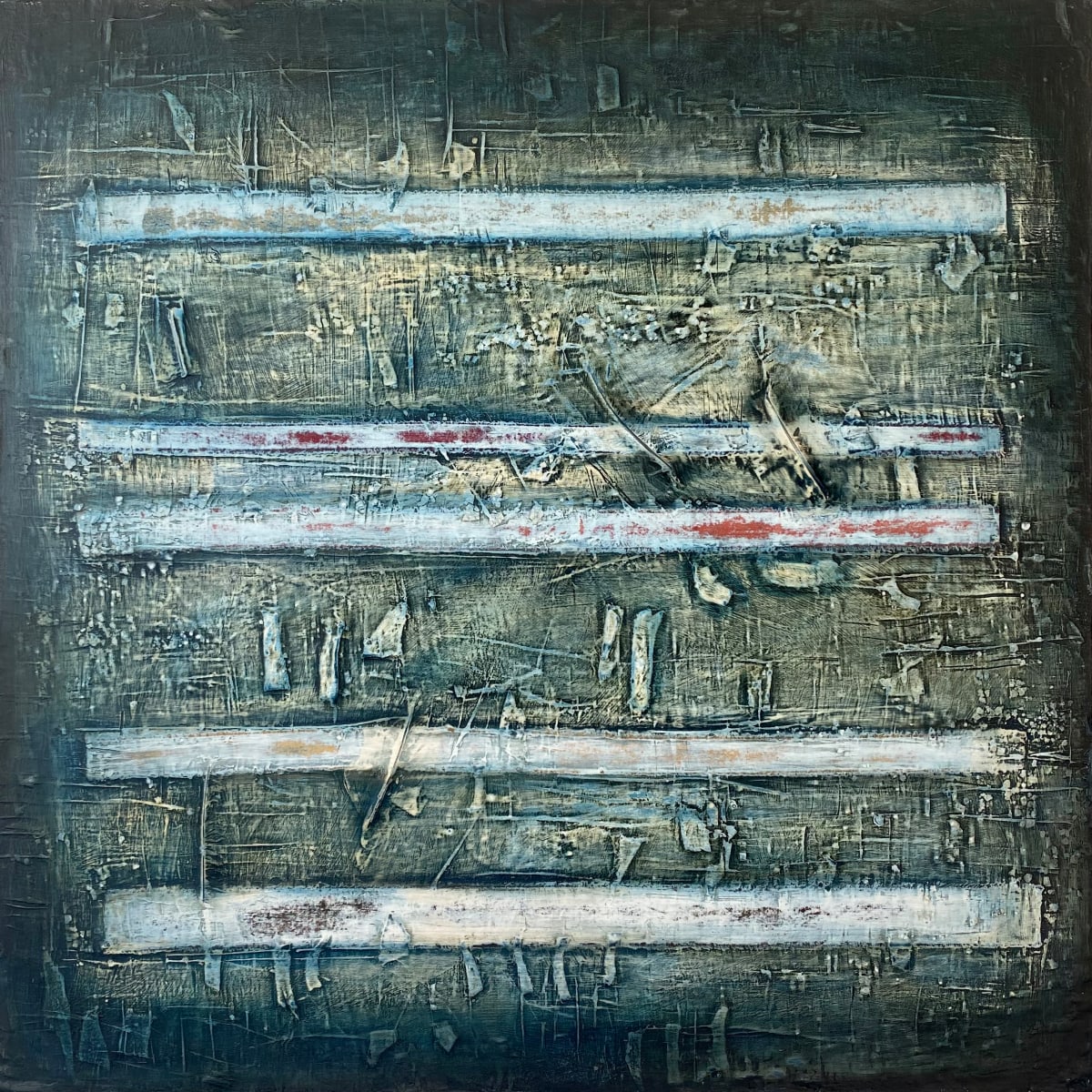 Prelude #7 by John Worth  Image: Large square abstract musical textured painting on canvas.