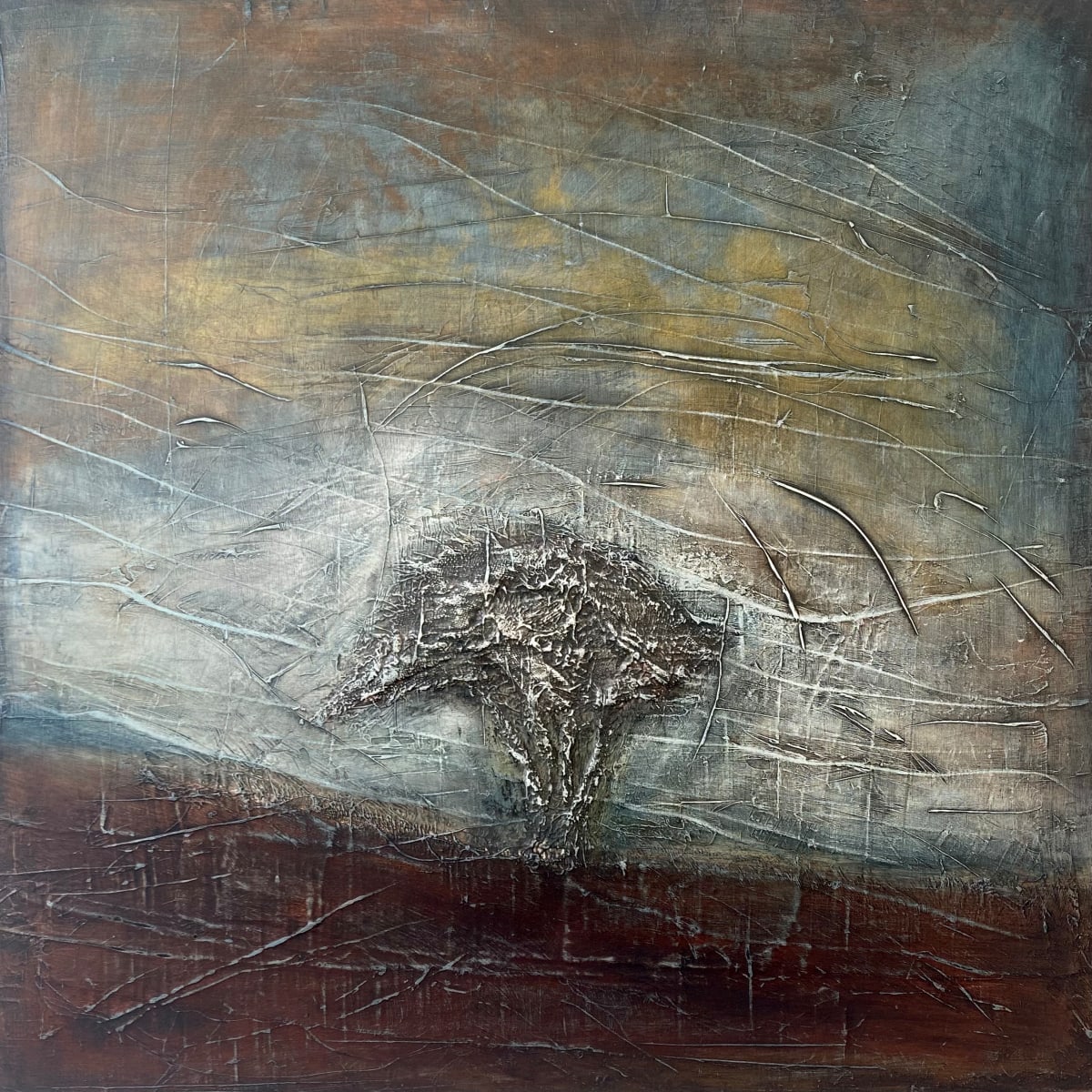 Caburn Note #2 by John Worth  Image: Square abstract landscape, textured tree. Earth colours.