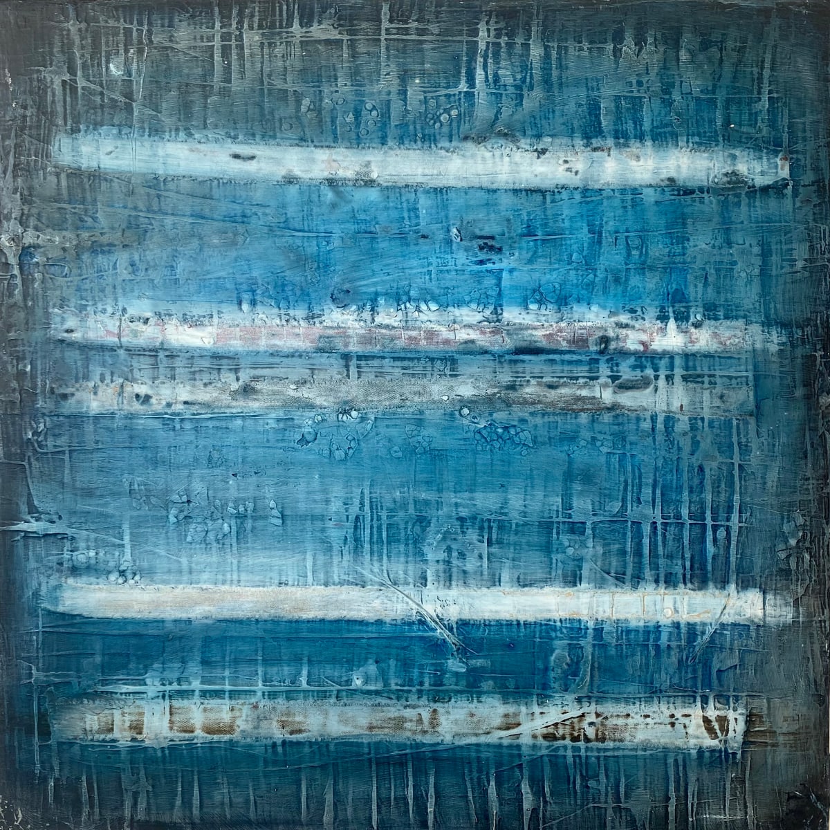 Prelude #1 by John Worth  Image: Square blue abstract textured painting with five lines. Acrylics and oils on board with mixed media.