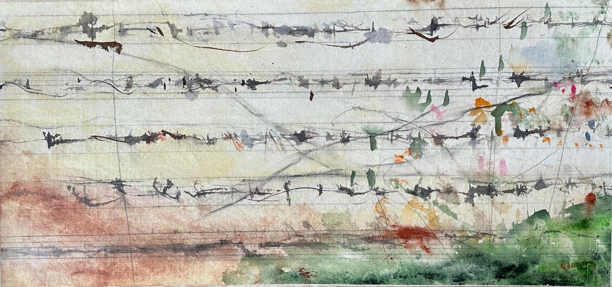 Prelude #7 by John Worth  Image: Panoramic musically inspired abstract landscape.  Mixed media on canvas.