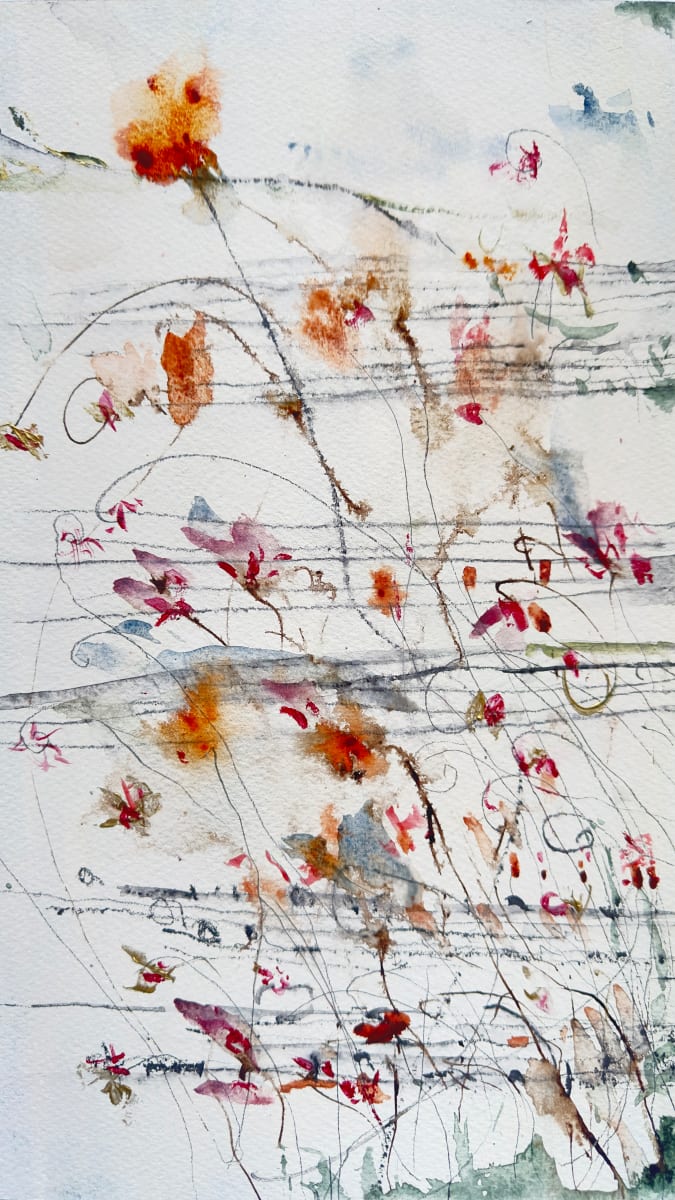 Untitled #0296 by John Worth  Image: Original sketch on thick Waterford watercolour paper. Music and landscape. Wildflower, mark-making, watercolour, acrylic, graphite, pigment, walnut ink