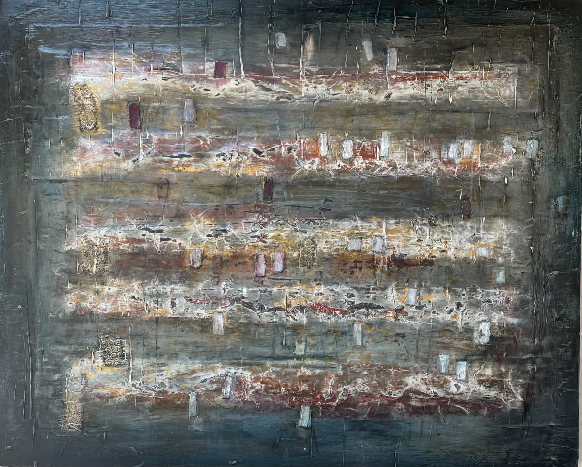 Prelude #5 by John Worth  Image: Large mixed media abstract landscape painting, textured with Van Dyke browns and golds, based on musical staves.