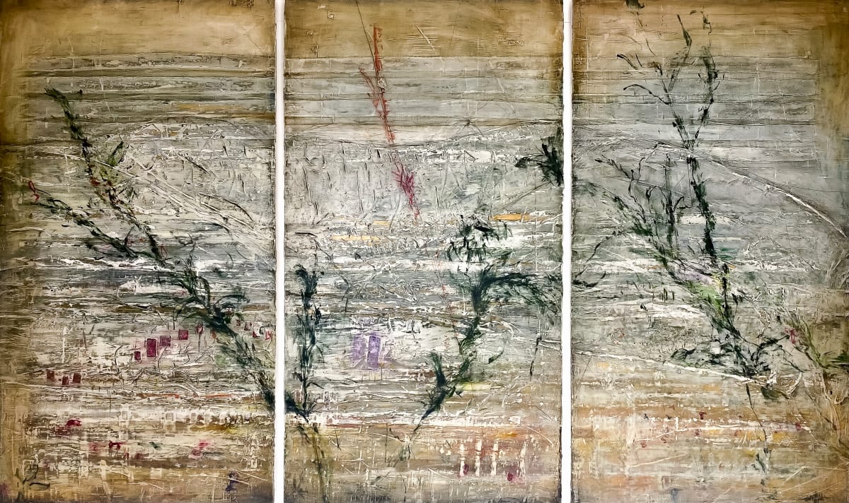 Caburn Triptych #2 by John Worth  Image: Large mixed media triptych on wood panels, Mount Caburn 2022. Abstract Landscape.