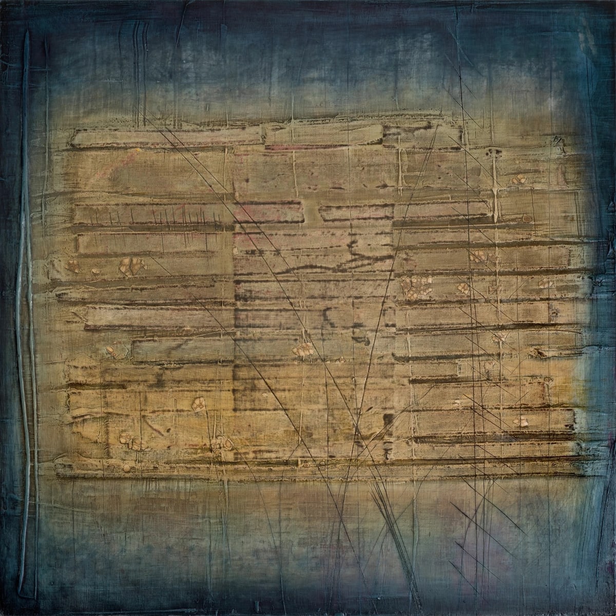 Love Letter by John Worth  Image: Blue and gold square textured abstract painting on wood panel.