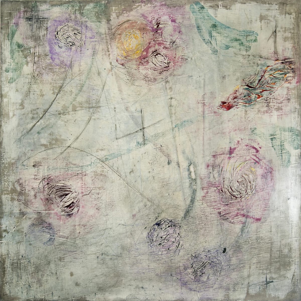 Fresco by John Worth  Image: Large square abstract floral painting on wood panel.