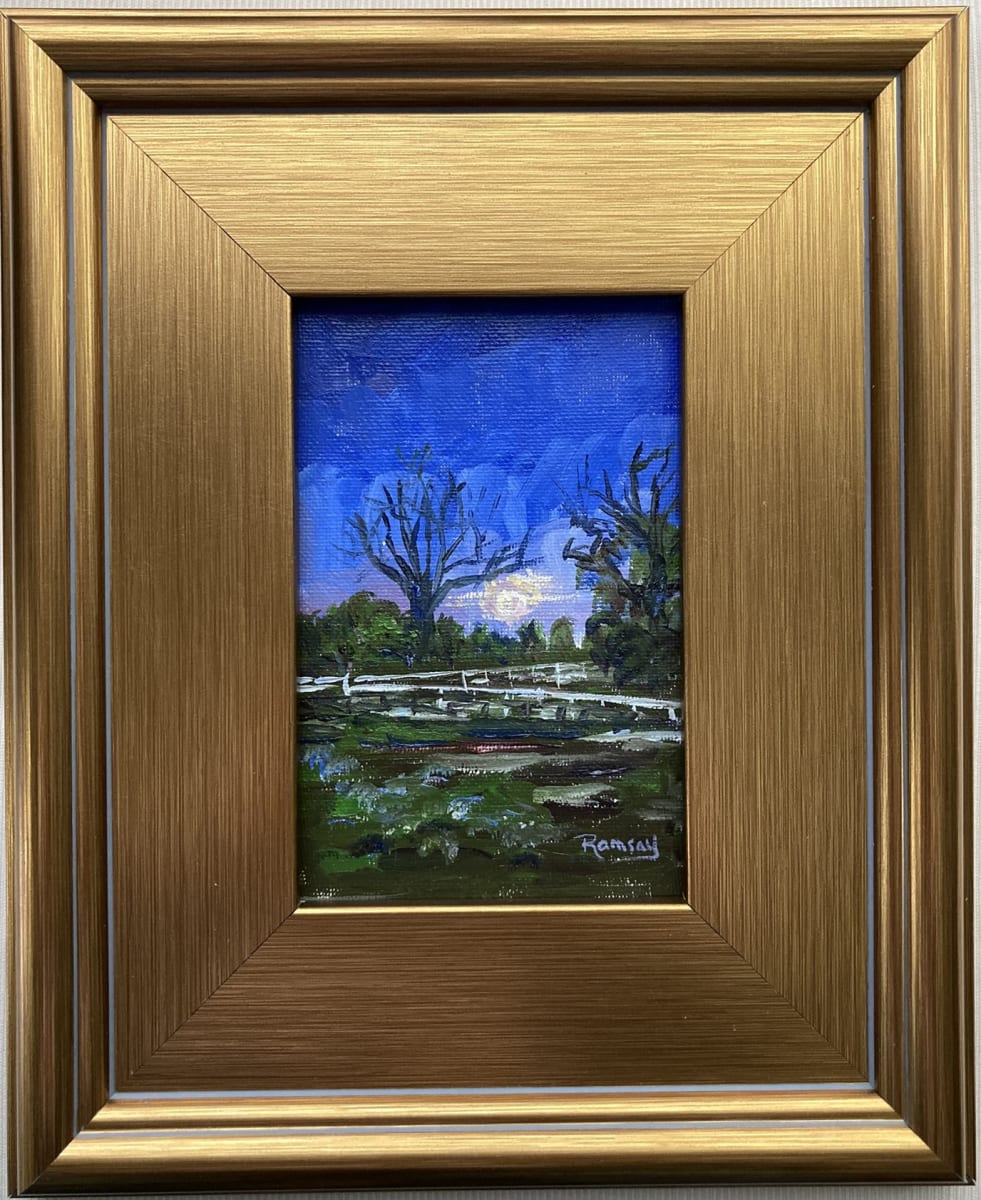 Blue Moonrise by Salina Ramsay  Image: A rising moon in a deep ultramarine blue sky appears above the treeline across from the farm. 