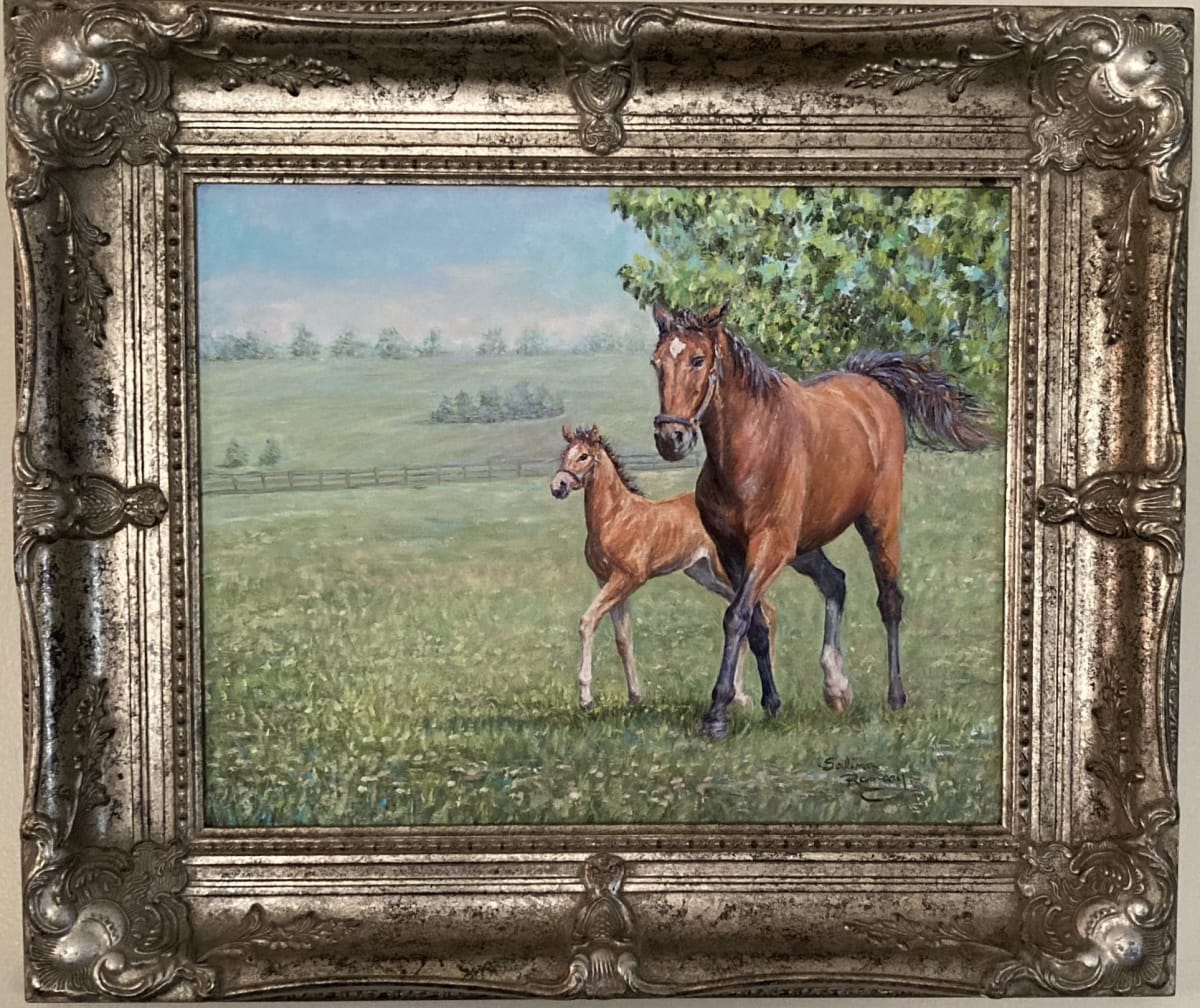 Mother's Day by Salina Ramsay  Image: A mare trots her new filly through a field of Kentucky bluegrass and clover. She is showing her youngster to the world and teaching her the confidence she will need to thrive in the world of horse racing. 