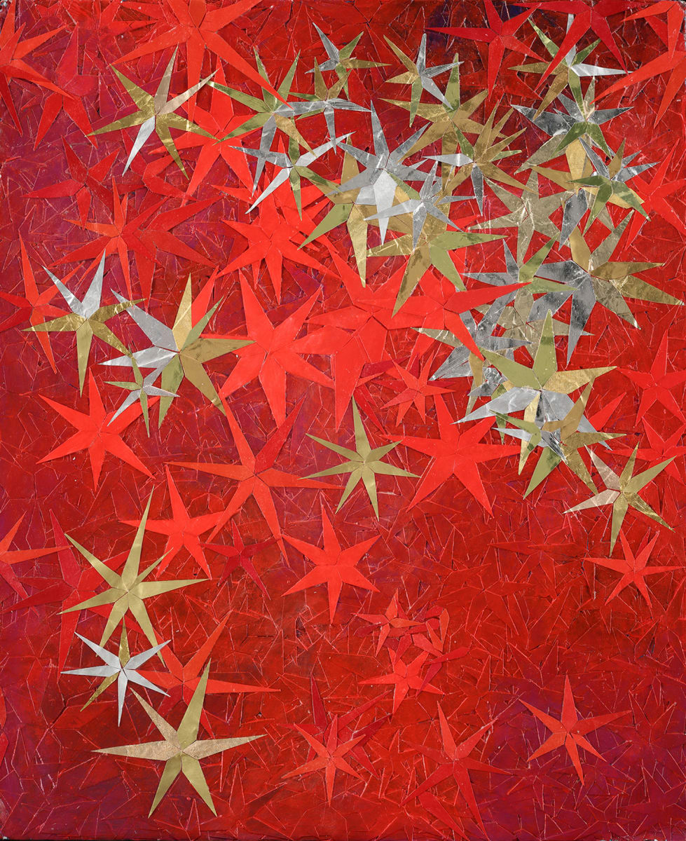Starfish Torrent by sophia lee  Image: Elongated diamond shapes are cut from paper waste and collaged together in layers and painted over in shades of red. The shapes connect together to starburst or starfish-like shapes. The top layers are made from gold foils salvaged from chocolate and wine packaging. The silver are usually from tea pouches. The overall painting feels very energetic, like fireworks.